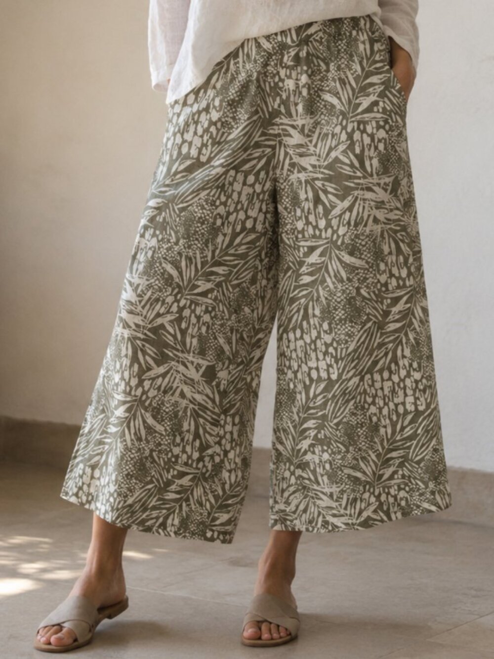 100% Linen Sage Botanical Wide Leg Culotte Pants S Pockets Coastal Resort EUC